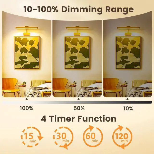 Alt view image 4 of 7 - Picture Light for Wall, 15" Rechargeable Battery Operated LED Wall Sconce Painting Lighting with Remote, 3CCT Dimmable Magnetic Cordless Art Display Light for Gallery, Bedroom - Gold