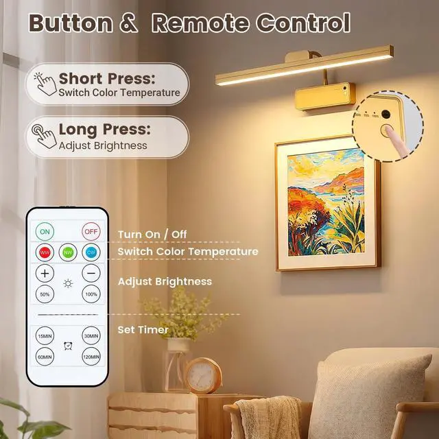 Alt view image 5 of 7 - Picture Light for Wall, 15" Rechargeable Battery Operated LED Wall Sconce Painting Lighting with Remote, 3CCT Dimmable Magnetic Cordless Art Display Light for Gallery, Bedroom - Gold