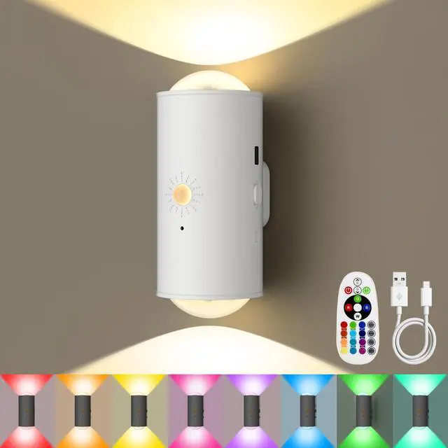 Alt view image 2 of 7 - Motion Sensor Wall Light with Remote Control, 16 Colors Brightness Adjustable, RGB Wall Sconces Battery Operated Indoor, LED Motion Sensor Up and Down Wall Light for Hallway, Bedroom, Stairs