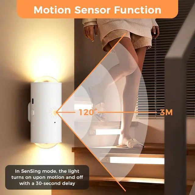 Alt view image 3 of 7 - Motion Sensor Wall Light with Remote Control, 16 Colors Brightness Adjustable, RGB Wall Sconces Battery Operated Indoor, LED Motion Sensor Up and Down Wall Light for Hallway, Bedroom, Stairs