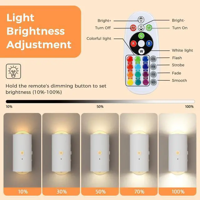 Alt view image 6 of 7 - Motion Sensor Wall Light with Remote Control, 16 Colors Brightness Adjustable, RGB Wall Sconces Battery Operated Indoor, LED Motion Sensor Up and Down Wall Light for Hallway, Bedroom, Stairs