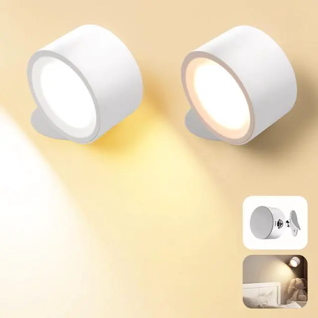 Main image of Wall Mounted Lamp LED Wall Lights with Rechargeable Battery Operated, 3 Color Temperatures & 3 Brightness Levels 360°Rotate Magnetic Ball, Cordless Sconces for Reading Bedroom Bedside,White-2 Pack