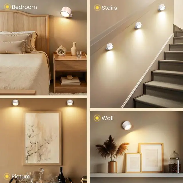 Alt view image 5 of 7 - Wall Mounted Lamp LED Wall Lights with Rechargeable Battery Operated, 3 Color Temperatures & 3 Brightness Levels 360°Rotate Magnetic Ball, Cordless Sconces for Reading Bedroom Bedside,White-2 Pack