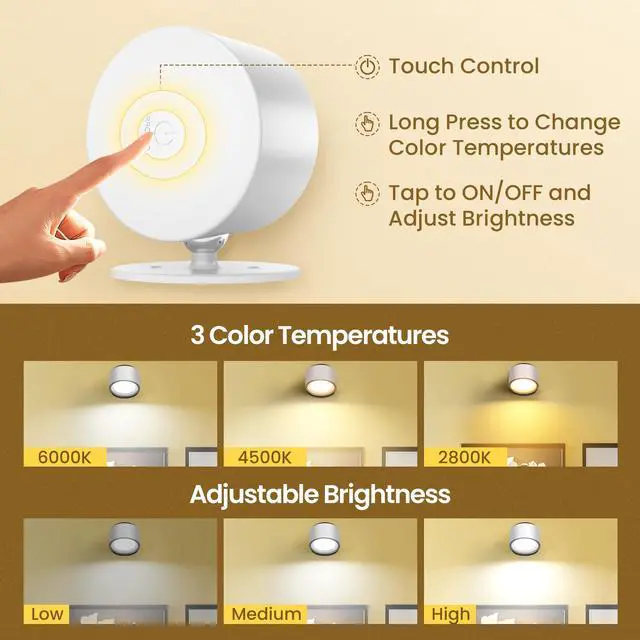 Alt view image 6 of 7 - Wall Mounted Lamp LED Wall Lights with Rechargeable Battery Operated, 3 Color Temperatures & 3 Brightness Levels 360°Rotate Magnetic Ball, Cordless Sconces for Reading Bedroom Bedside,White-2 Pack