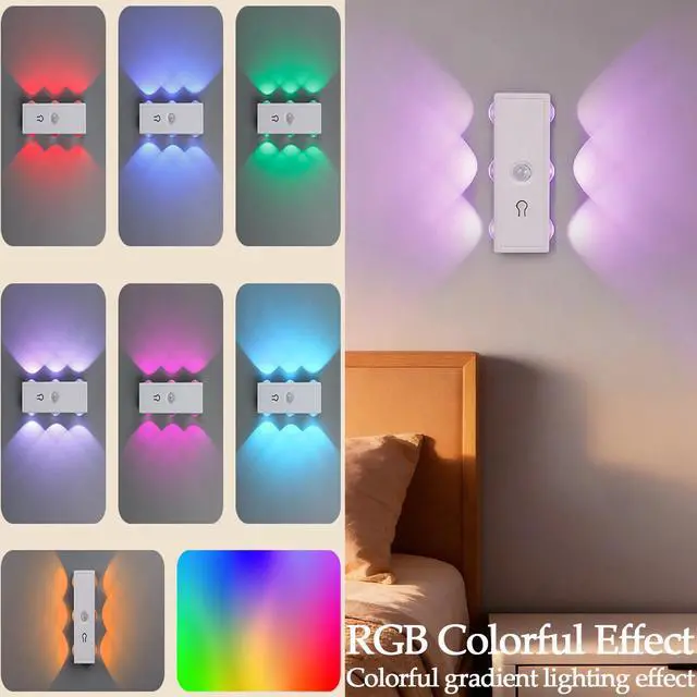 Alt view image 4 of 6 - Motion Sensor Wall Light Set of 2, RGB 7-Colors Rechargeable Battery Operated Wireless Wall Sconce, Magnetic Motion Sensor Indoor Night Light for Living Room, Stair, Hallway(Colorful)