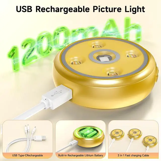 Alt view image 3 of 7 - 3 Pack Picture Light for Wall with 1200mAh Rechargeable Battery Operated Lights Remote Dimmable Timer Painting Light Magnetic 3 Adjustable Lighting RGB Modes Wall Decor Lights for Living(Gold)