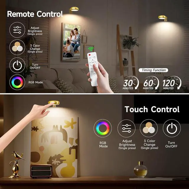 Alt view image 4 of 7 - 3 Pack Picture Light for Wall with 1200mAh Rechargeable Battery Operated Lights Remote Dimmable Timer Painting Light Magnetic 3 Adjustable Lighting RGB Modes Wall Decor Lights for Living(Gold)