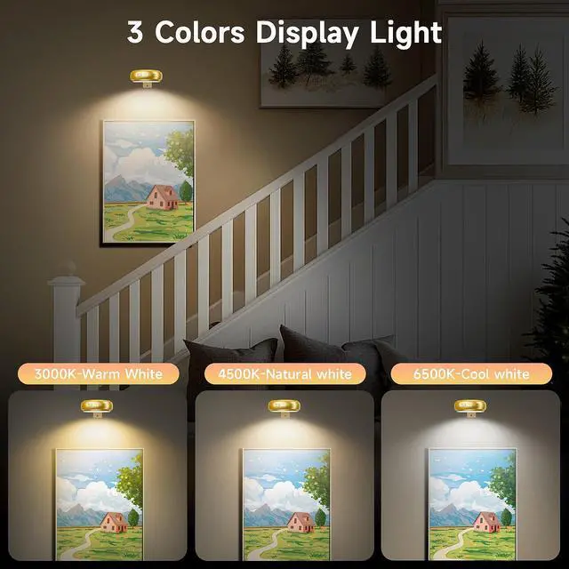 Alt view image 5 of 7 - 3 Pack Picture Light for Wall with 1200mAh Rechargeable Battery Operated Lights Remote Dimmable Timer Painting Light Magnetic 3 Adjustable Lighting RGB Modes Wall Decor Lights for Living(Gold)
