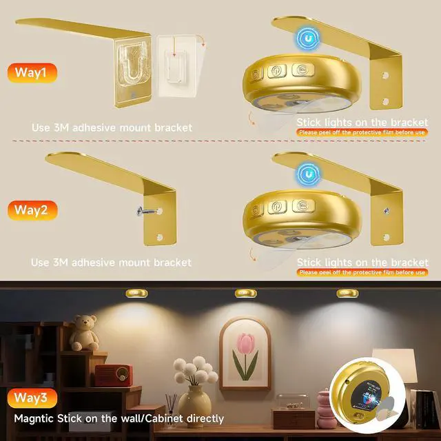 Alt view image 6 of 7 - 3 Pack Picture Light for Wall with 1200mAh Rechargeable Battery Operated Lights Remote Dimmable Timer Painting Light Magnetic 3 Adjustable Lighting RGB Modes Wall Decor Lights for Living(Gold)