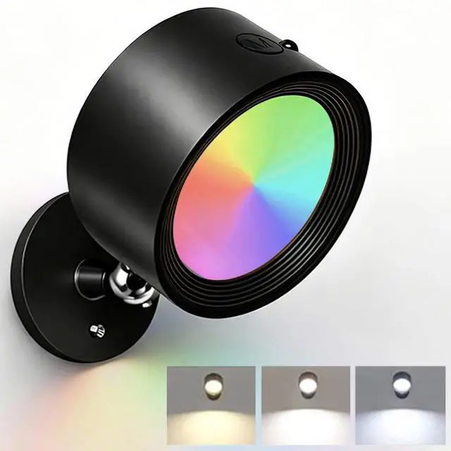 Main image of Wall Mounted Lights,Rechargeable RGB Color Changing Wall Sconces, 3 Color Temps & Dimmable, Remote & Touch Control, 360° Rotatable Magnetic Cordless Lights for Bedroom, Study, Bedside