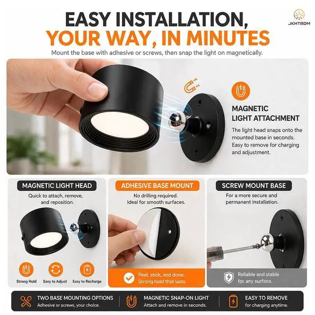 Alt view image 5 of 7 - Wall Mounted Lights,Rechargeable RGB Color Changing Wall Sconces, 3 Color Temps & Dimmable, Remote & Touch Control, 360° Rotatable Magnetic Cordless Lights for Bedroom, Study, Bedside