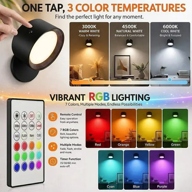 Alt view image 4 of 7 - Wall Mounted Lights,Rechargeable RGB Color Changing Wall Sconces, 3 Color Temps & Dimmable, Remote & Touch Control, 360° Rotatable Magnetic Cordless Lights for Bedroom, Study, Bedside
