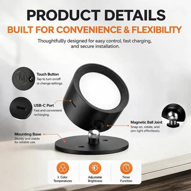 Alt view image 7 of 7 - Wall Mounted Lights,Rechargeable RGB Color Changing Wall Sconces, 3 Color Temps & Dimmable, Remote & Touch Control, 360° Rotatable Magnetic Cordless Lights for Bedroom, Study, Bedside