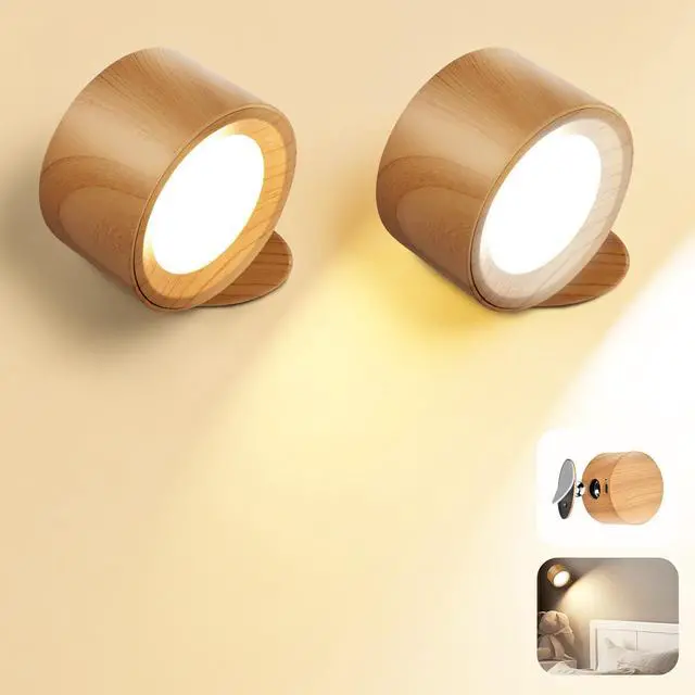 Main image of LED Wall Mounted Lamps, 3CCT Battery Operated Wall Lights, Wood-2 Pack