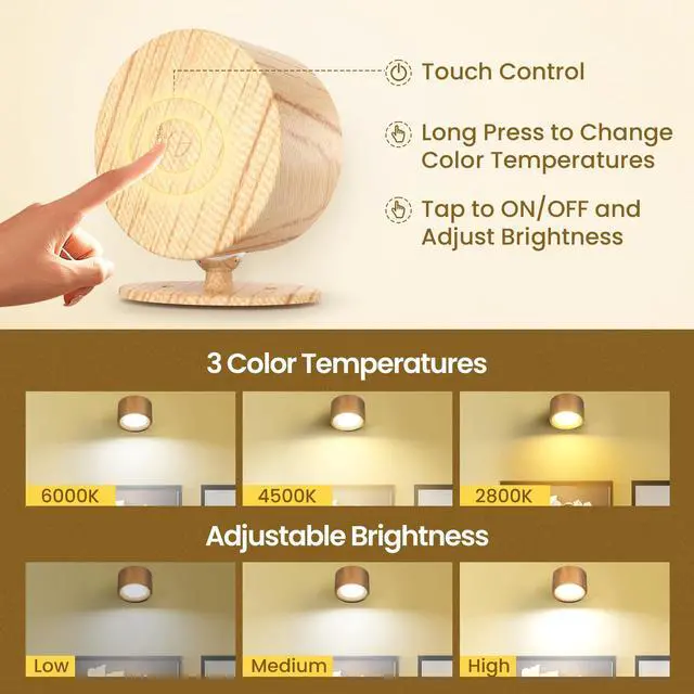 Alt view image 6 of 7 - LED Wall Mounted Lamps, 3CCT Battery Operated Wall Lights, Wood-2 Pack