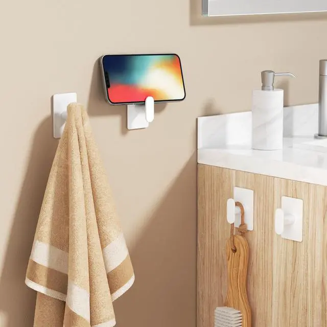 Alt view image 5 of 7 - Adhesive Towel Hooks for Bathroom: 20LB Extra Strong Wall Hanger for Shower Kitchen RV Dorm Apartment, White 4 Pack