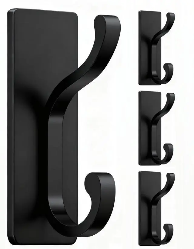 Main image of Wall Hooks with Adhesive Strip - Easy to Remove, No Residue, Strong Heavy Duty Sticky Towel Hook, 4 Pack Black