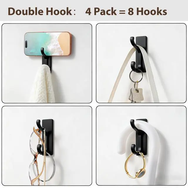 Alt view image 4 of 5 - Wall Hooks with Adhesive Strip - Easy to Remove, No Residue, Strong Heavy Duty Sticky Towel Hook, 4 Pack Black
