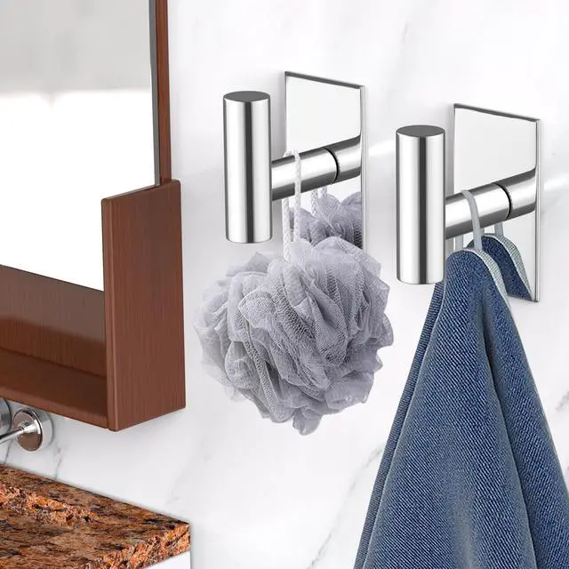 Alt view image 2 of 5 - Wall Towel Hooks, Heavy Duty Sticky Holder Waterproof Towel Hooks for Hanging Coat, Clothes, Closet Hook Wall Mount for Kitchen (Chrome, 2 Pack)