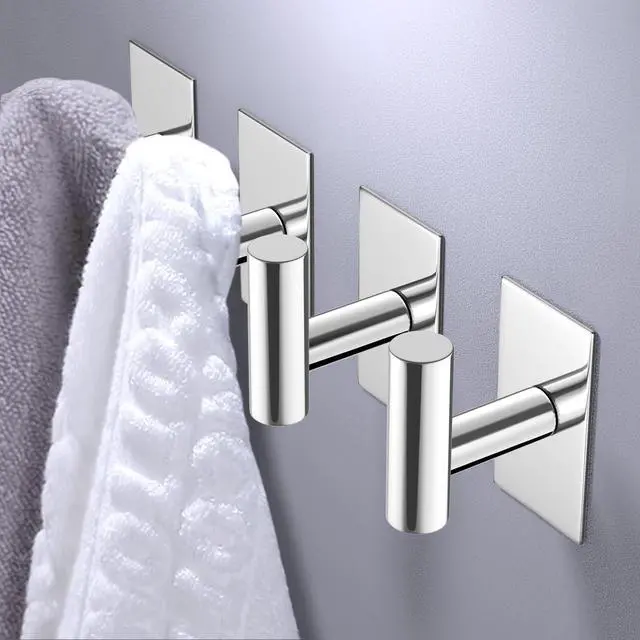 Alt view image 3 of 5 - Wall Towel Hooks, Heavy Duty Sticky Holder Waterproof Towel Hooks for Hanging Coat, Clothes, Closet Hook Wall Mount for Kitchen (Chrome, 2 Pack)