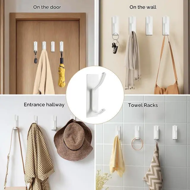 Alt view image 6 of 7 - Adhesive Wall Hooks for Coat and Towel Wall Mount Rack, Wall Hooks for Hanging Robes, Bags, Keys, and Towels, Strong Hanger Stick on Wall and DoorWhite, 4pcs