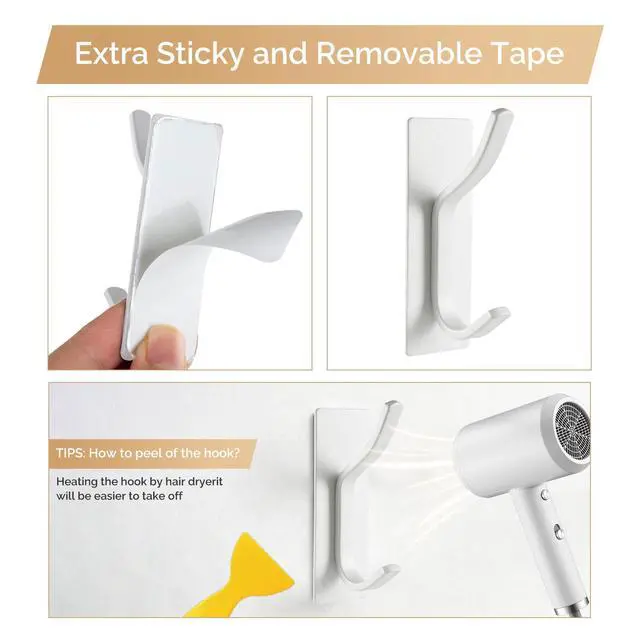 Alt view image 7 of 7 - Adhesive Wall Hooks for Coat and Towel Wall Mount Rack, Wall Hooks for Hanging Robes, Bags, Keys, and Towels, Strong Hanger Stick on Wall and DoorWhite, 4pcs