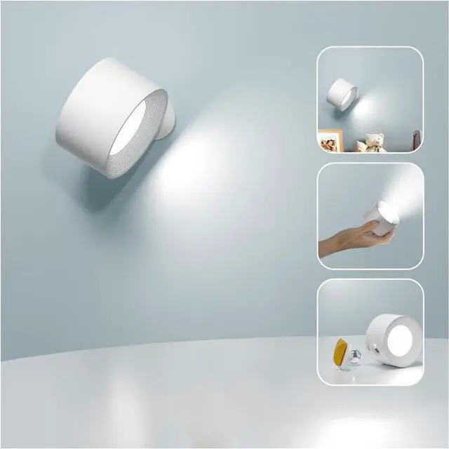 Main image of LED Wall Sconce, Wall Mounted Lamp with Rechargeable Battery Operated 3 Color Temperature & 3 Brightness Level 360°Rotate Magnetic Ball, Cordless Wall Light for Reading Bedside-White