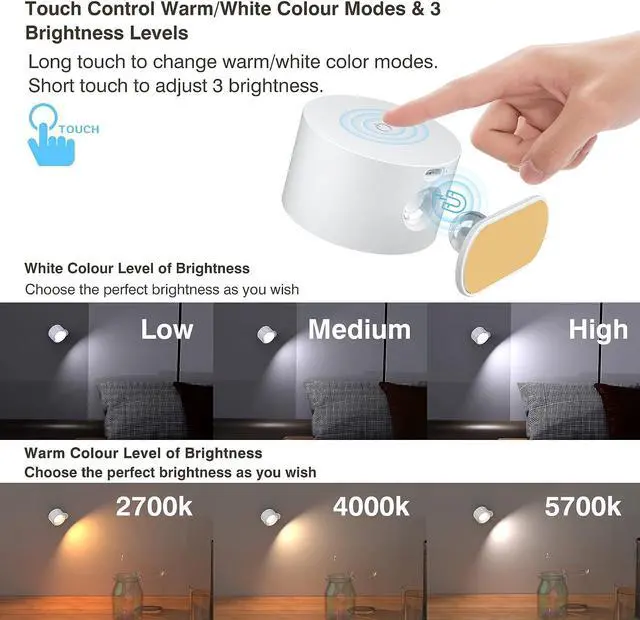 Alt view image 2 of 7 - LED Wall Sconce, Wall Mounted Lamp with Rechargeable Battery Operated 3 Color Temperature & 3 Brightness Level 360°Rotate Magnetic Ball, Cordless Wall Light for Reading Bedside-White