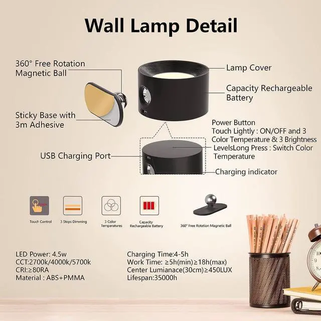 Alt view image 7 of 7 - LED Wall Sconce, Wall Mounted Lamp with Rechargeable Battery Operated 3 Color Temperature & 3 Brightness Level 360°Rotate Magnetic Ball, Cordless Wall Light for Reading Bedside-White