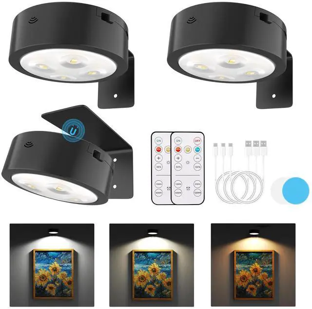 Main image of Picture Lights for Wall, Rechargeable Battery Magnetic Poster Lights with 3 Color Temps, Remote and Dimmable Timer Art Display Light for Picture Artworking Frame Portrait (3-Pack)