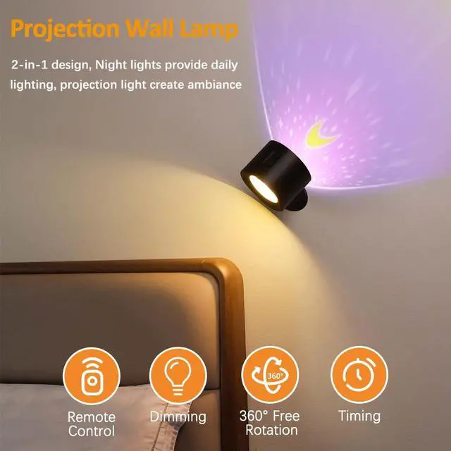 Alt view image 2 of 7 - LED Wall Sconces with Remote, 3 Color Temps Rechargeable Wall Lights with Star Projection Light, 360°Rotation Dimmable Cordless Wall Mounted Lights LED Night Lights for Bedroom Kids Room (Black)