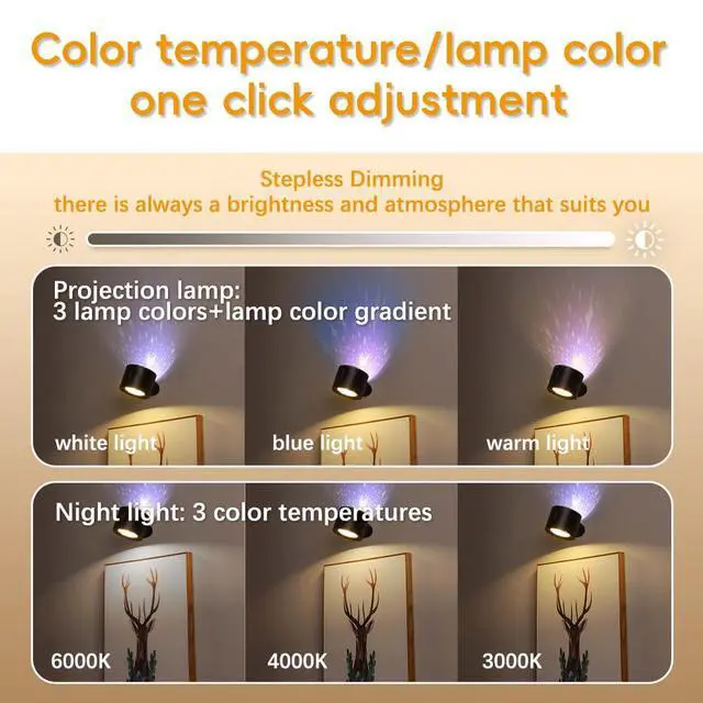 Alt view image 3 of 7 - LED Wall Sconces with Remote, 3 Color Temps Rechargeable Wall Lights with Star Projection Light, 360°Rotation Dimmable Cordless Wall Mounted Lights LED Night Lights for Bedroom Kids Room (Black)