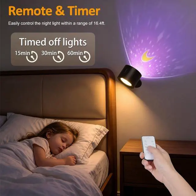 Alt view image 4 of 7 - LED Wall Sconces with Remote, 3 Color Temps Rechargeable Wall Lights with Star Projection Light, 360°Rotation Dimmable Cordless Wall Mounted Lights LED Night Lights for Bedroom Kids Room (Black)