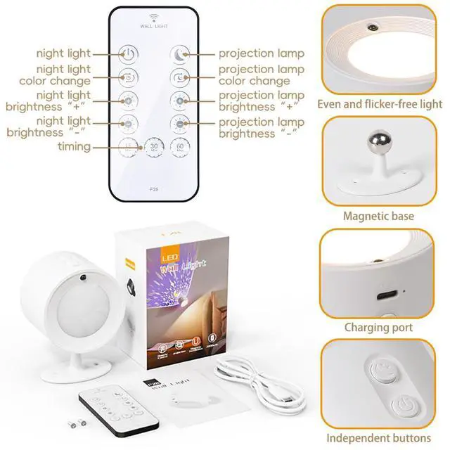 Alt view image 6 of 7 - LED Wall Sconces with Remote, 3 Color Temps Rechargeable Wall Lights with Star Projection Light, 360°Rotation Dimmable Cordless Wall Mounted Lights LED Night Lights for Bedroom Kids Room (Black)