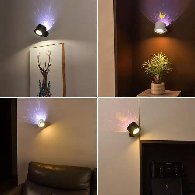Alt view image 7 of 7 - LED Wall Sconces with Remote, 3 Color Temps Rechargeable Wall Lights with Star Projection Light, 360°Rotation Dimmable Cordless Wall Mounted Lights LED Night Lights for Bedroom Kids Room (Black)