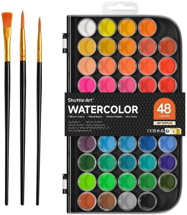 Main image of Watercolor Paint Set, 48 Colors Watercolor Paint Pan Set with 3 Paint Brushes for Beginners, Artists, Kids & Adults for Painting, Journaling, Calligraphy Practice