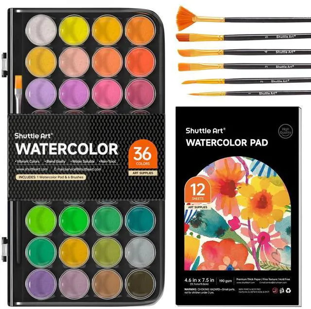 Main image of 43 Pack Watercolor Paint Set, 36 Colors Watercolor Paint Pan Set with 6 Brushes and 1 Watercolor Pad for Beginners, Artists, Kids & Adults Watercolor Painting, Bullet Journal, Calligraphy