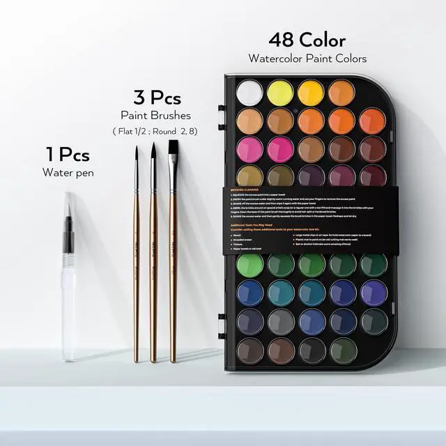 Alt view image 2 of 6 - Watercolor Paint Set, 48 Water Colors Kit with 3 Painting Brushes, Palette, Watercolor Pen, Non-toxic Painting Supplies for Kids, Adults, Students, Beginners and Artists