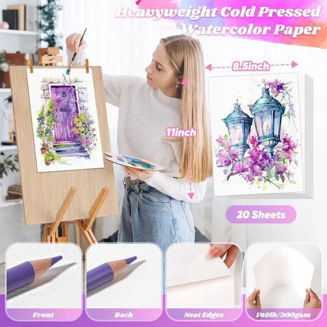 Alt view image 2 of 7 - 8.5"x11" Watercolor Paper, Loose Drawing Paper, 140lb/300gsm Water Color Paper for Drawing, Coloring, Painting, Sketching, Crafting, Art Office School Supplies for Kids Adults, Valentine Gift Card