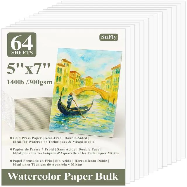 Main image of Water Color Paper Pad 5"x7" - 64 Sheets 140lb Cold Press Watercolor Paper Bulk, Water Color Paint Paper for Kids & Artists, White Painting Paper for Watercolor, Acrylic.
