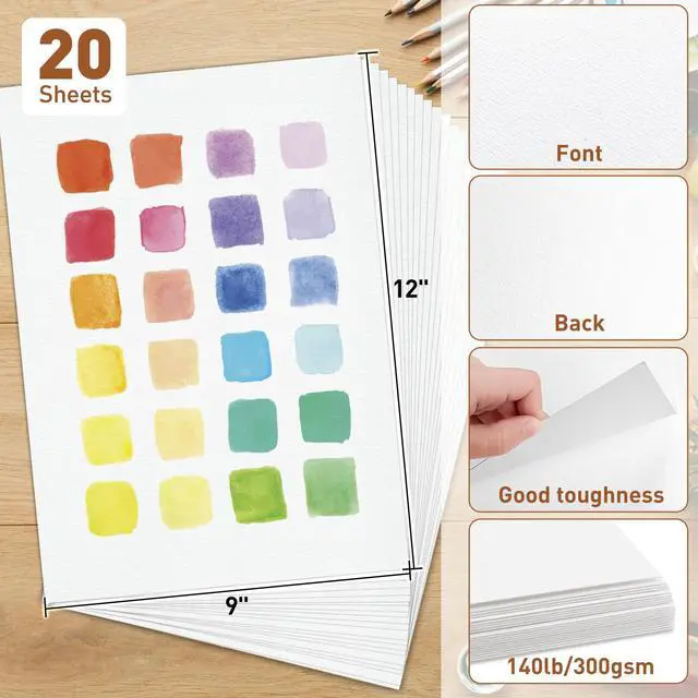 Alt view image 2 of 5 - 20 Sheets Cold Press Watercolor Paper, 9" x 12" Cotton Water Color Drawing Paper, 140lb/300gsm Loose Acrylic Painting Artist Sketch Sheets, Art Supplies for Adults, Watercolor Paint Set