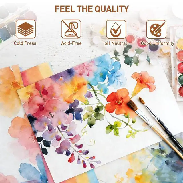 Alt view image 3 of 5 - 20 Sheets Cold Press Watercolor Paper, 9" x 12" Cotton Water Color Drawing Paper, 140lb/300gsm Loose Acrylic Painting Artist Sketch Sheets, Art Supplies for Adults, Watercolor Paint Set