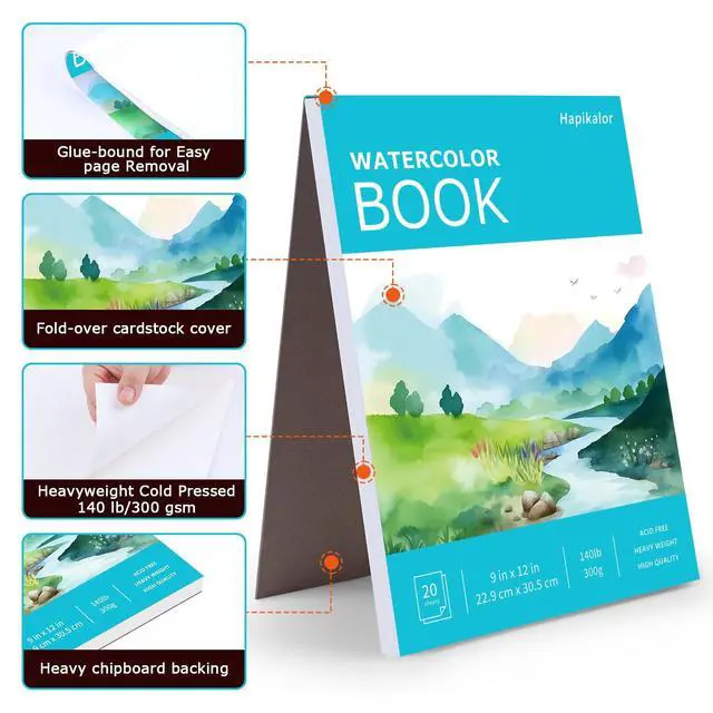 Alt view image 7 of 7 - Watercolor Paper Pad, 9"x12" Water Color Paper, 140lb/300gsm Artist Painting Drawing Paper Book, Art Supplies for Adults Kids, Watercolors, Watercolor Paint Set, Sketchbook, Journal, Teal