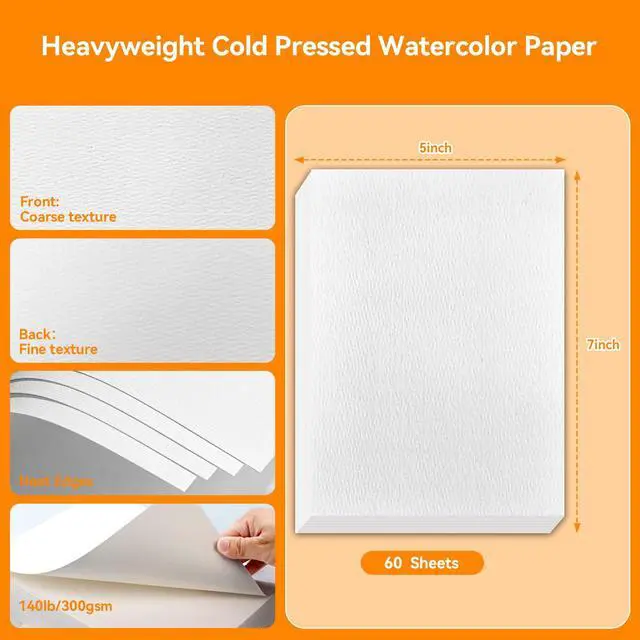 Alt view image 2 of 7 - 60 Sheets Watercolor Paper Bulk, 5x7in 140lb/300gsm, Cold Pressed Acid Free Natural White Textured Water Color Painting Art Supplies, Drawing Gift for Professional Adult Artists