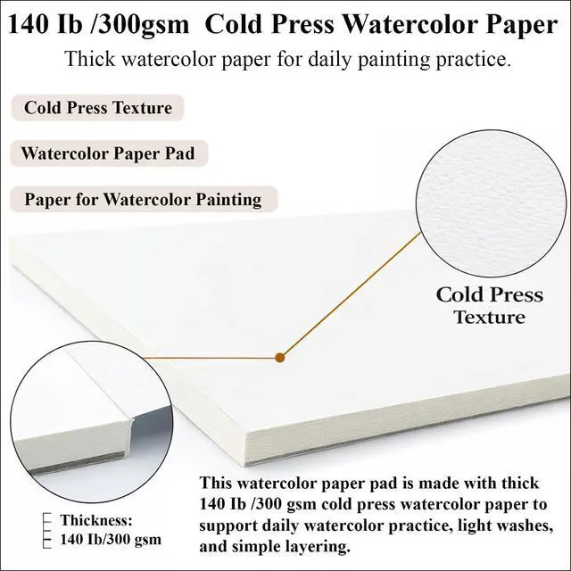 Alt view image 2 of 7 - Watercolor Paper Pad, 9"x12" Water Color Paper Cold Press_140lb/300gsm