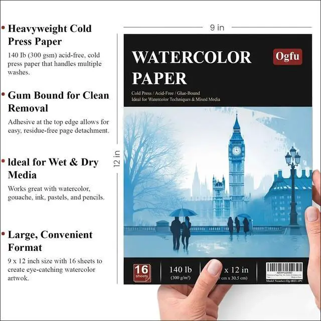Alt view image 4 of 7 - Watercolor Paper Pad, 9"x12" Water Color Paper Cold Press_140lb/300gsm