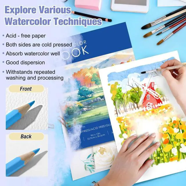 Alt view image 4 of 7 - Watercolor Paper Pad 9"x12" 140lb/300gsm | Acid-Free Cold-Pressed Heavyweight Water Color Paper, Artist Sketchbook for Adults, Kids & Beginners, Ideal for Watercolors, Mixed Media & Crafts