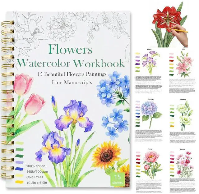 Main image of Watercolor Workbook 15 Beautiful Flowers Paintings for Adults &Teens Beginners,Water Coloring Book 140lb Cold Press Cotton Watercolor Paper-Ideal Gifts to Spark Creativity Stress Relief(10.2" x 6.9")