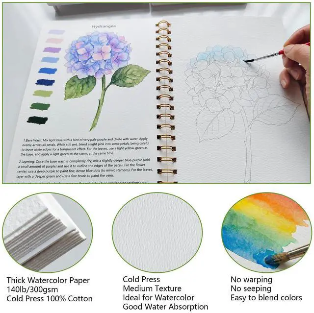 Alt view image 4 of 7 - Watercolor Workbook 15 Beautiful Flowers Paintings for Adults &Teens Beginners,Water Coloring Book 140lb Cold Press Cotton Watercolor Paper-Ideal Gifts to Spark Creativity Stress Relief(10.2" x 6.9")