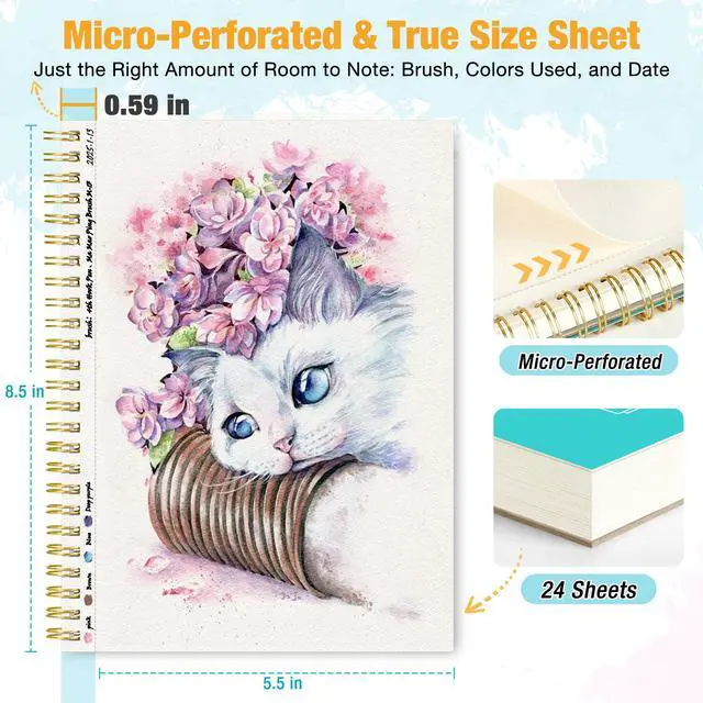 Alt view image 2 of 7 - Watercolor Paper Pad, 5.5"x8.5 (24 Sheets, 140lb/300g), Spiral - Bound with Tear - Line. A Watercolor Journal and Sketchbook for Adults & Kids - Ideal for Smaller - Sized Exercises or Travel